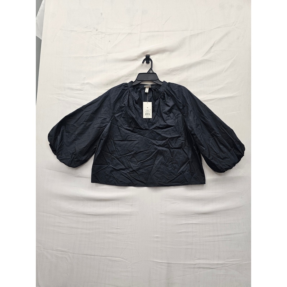 A New Day Womens Balloon Sleeve V-Neck Blouse Black Cotton Casual Size Medium